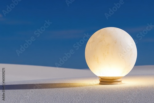 A luminous, light beige sphere lamp stands on a pedestal in a vast, white desert landscape against a clear blue sky