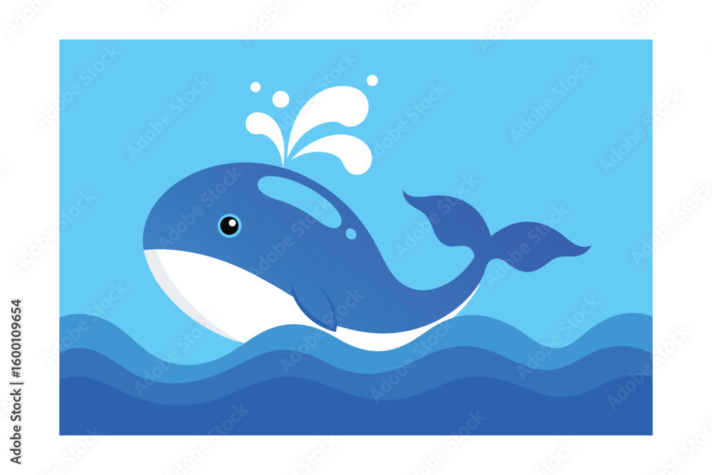 Naklejka premium Cartoon Blue Whale Spouting Water Playful Waves