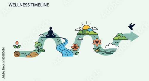 Wellness journey timeline, representing growth, meditation, nature, and achieving balance