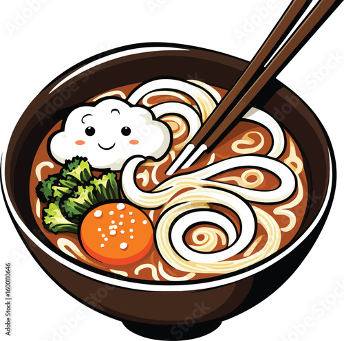 Cartoon Style Udon Noodle Soup Bowl With Cute Egg Cloud Graphic For Menu Illustrations And Creative Designs