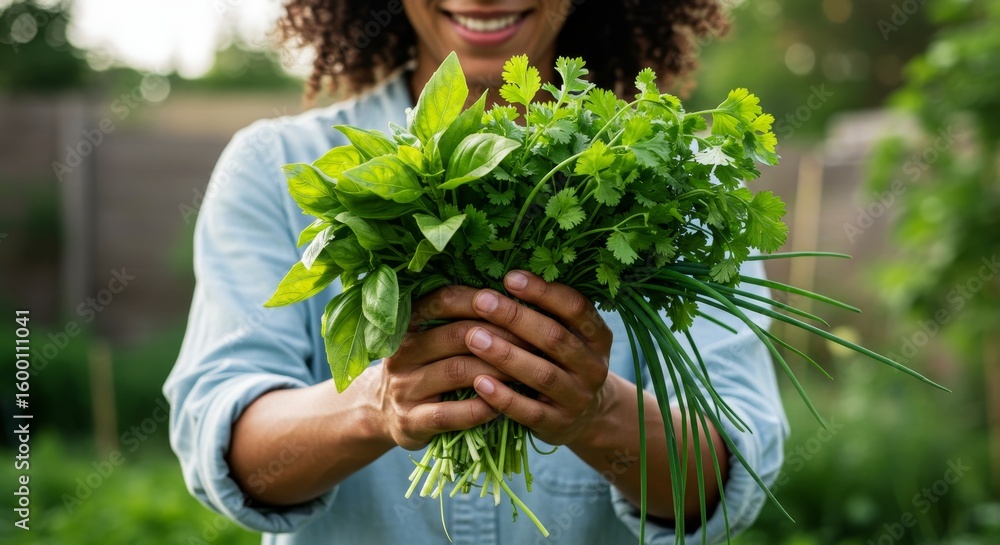 Fototapeta premium Fresh Herbs in Hands - Closeup of hands holding a bunch of fresh herbs, including basil, cilantro, and chives. A gardener shows off her harvest