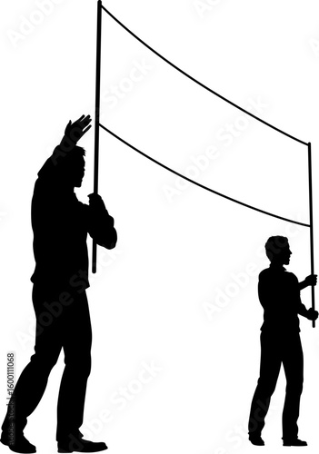 Two protestors or demonstrators at a demonstration march, picket line or strike protest rally in silhouette. Holding up a banner sign.