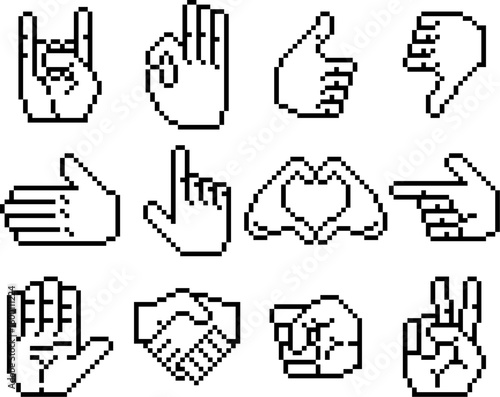 Retro 8 bit pixel art hands showing various gestures including thumbs up, peace sign, handshake, and heart. Minimalist black line style evokes early digital graphics and classic icon set design.