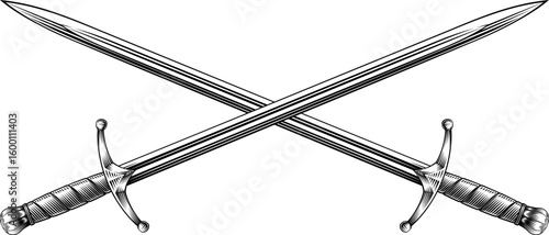 Illustration of two crossed medieval swords. Original illustration in a vintage retro engraving woodcut style. Suitable for use in heraldry