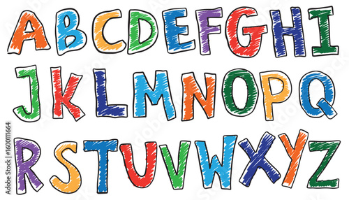 Crayon colorful kids alphabet, doodle funny playful font. Hand drawn scribble kid marker. School wax crayon abc cute kindergarten handwriting playful letters. Pencil children font vector illustration