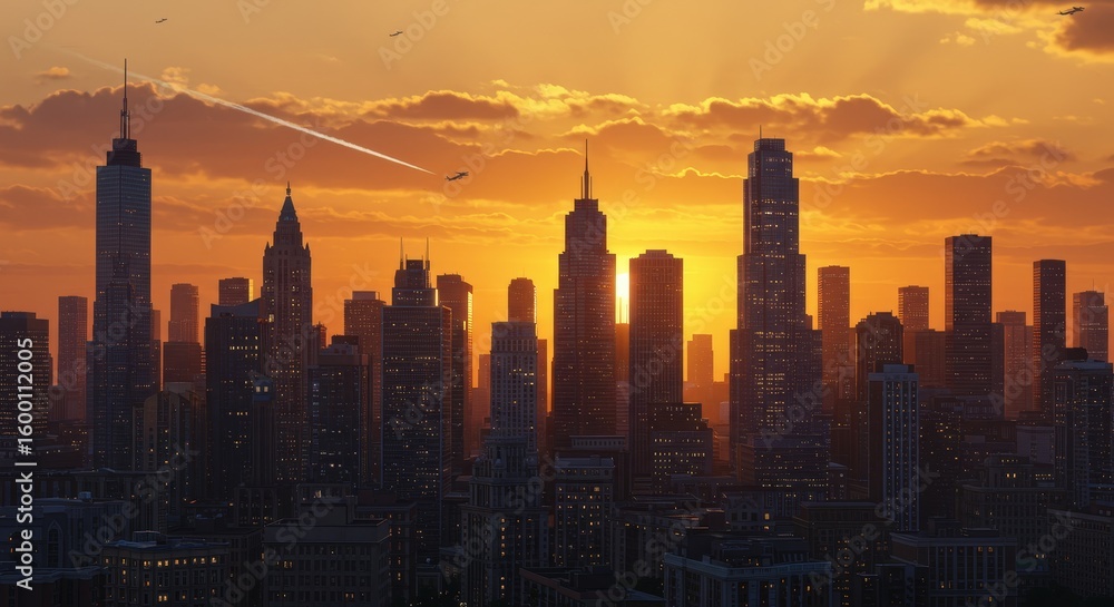 Fototapeta premium Golden Hour Cityscape - A breathtaking sunset casts a warm golden glow over a modern city skyline, symbolizing progress, ambition, opportunity, urban life, and the passage of time