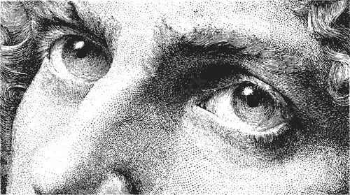 Closeup of eyes and face in stipple halftone black and white. Vintage engraving style with line pattern and realistic shading. Vector illustration.