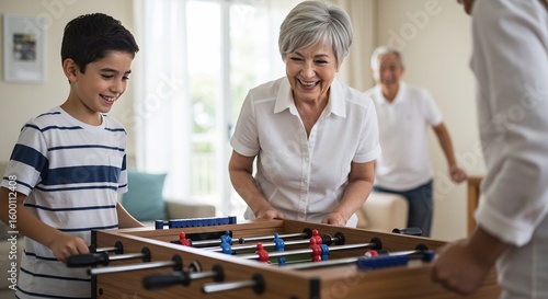 Multigenerational Family Playing Foosball Together at Home, Enjoying a Fun Indoor Game