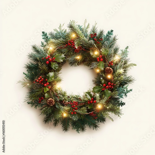 Festive christmas wreath with lights isolated on white background