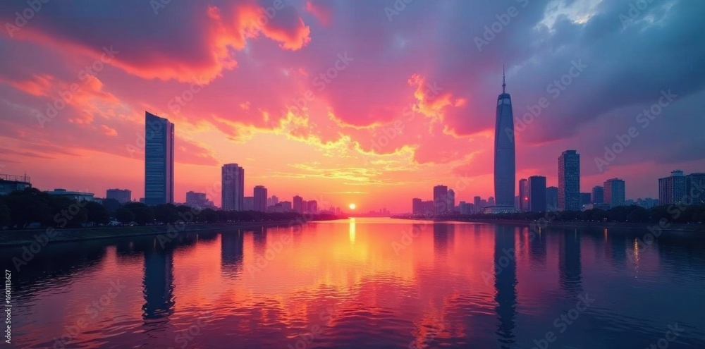 Naklejka premium Han River sunset, Seoul skyscrapers silhouetted against vibrant sky, panorama, river view
