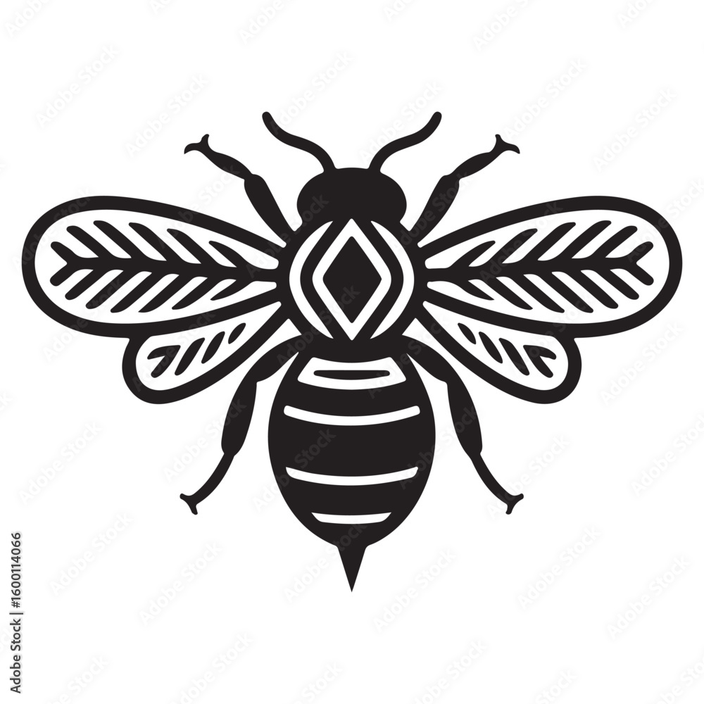Fototapeta premium A detailed black and white illustration of a bee with intricate wing and body designs centered