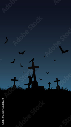 Silhouette cat tries to climb up and catch a crow that is perched on the top of the cross of a grave with night sky vertical background have blank space.