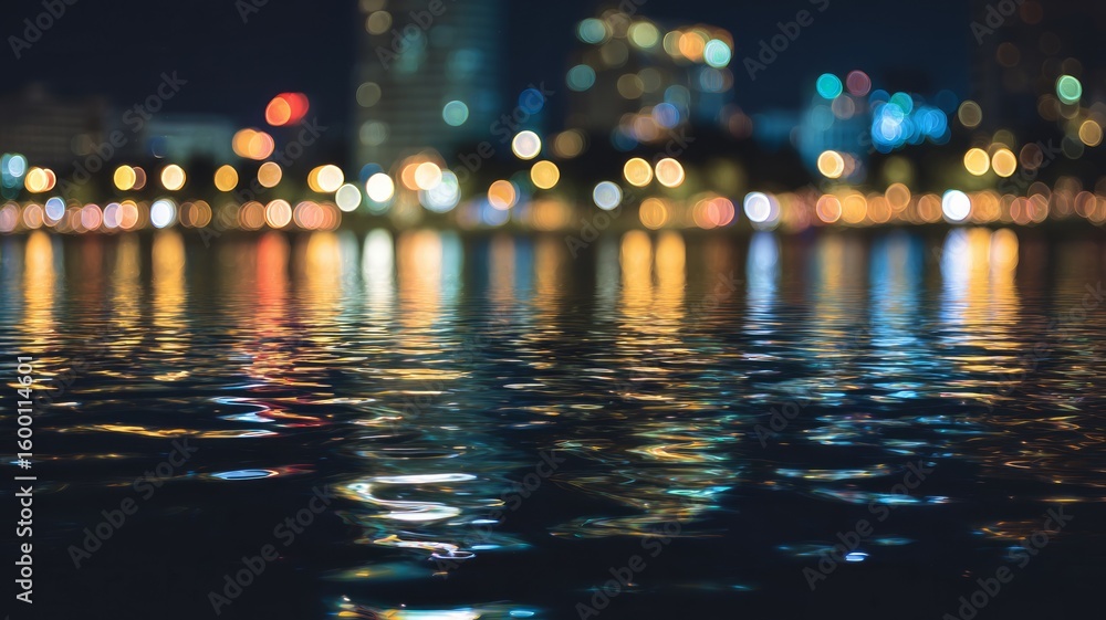 Obraz premium Cityscape reflections on water at night. Artificial intelligence image