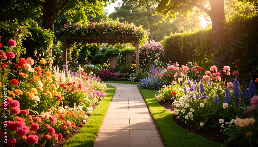 A sun-drenched garden path lined with vibrant flowers A sun-drenched garden path lined with vibrant flowers