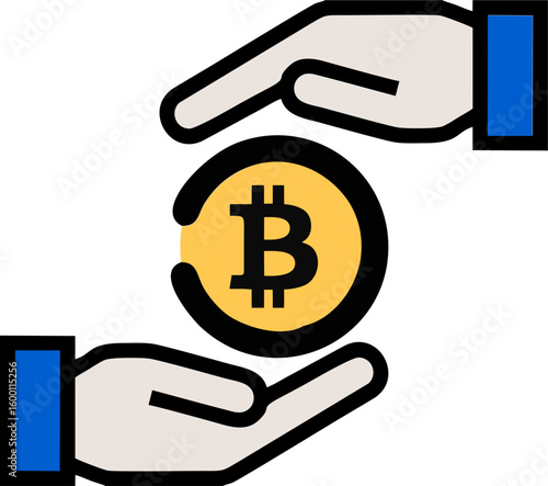 An illustration depicting a golden Bitcoin symbol (a 'B' with two vertical lines through it) at the center, being held by two hands. One hand is positioned below the Bitcoin, seemingly offering or rec
