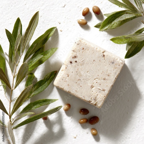 Wallpaper Mural Off-white square soap bar, speckled, sits on textured white surface, flanked by olive branches and scattered beige seeds Torontodigital.ca