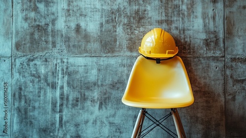 Yellow hard hat on a yellow chair against a textured concrete wall
