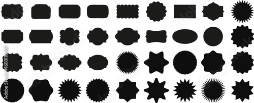 A comprehensive collection of various black label shapes, silhouetted against a white background. The collection features a wide array of designs, including rectangles with rounded corners, ovals, cir