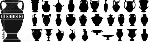 A comprehensive collection of black silhouettes of ancient Greek or Roman pottery and vessels, set against a white background. The large assortment includes various shapes and sizes, such as amphorae,