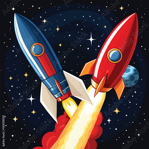 Cartoon Rocket Ships Flying In Outer Space For Kids Illustration