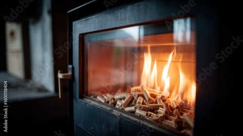 Cozy warm glow viewed through glass window of pellet stove with flickering flames and burning wood pellets in a modern environment with copy space on the right