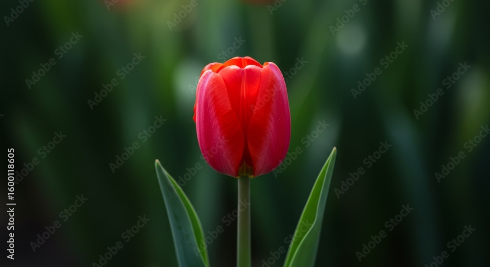 Fototapeta premium Single Red Tulip Blossom - A vibrant red tulip stands alone against a blurred green background, showcasing its delicate petals and stem
