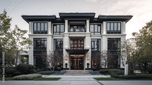 Wallpaper Mural Elegant modern mansion amid lush greenery at dusk. Artificial intelligence image Torontodigital.ca