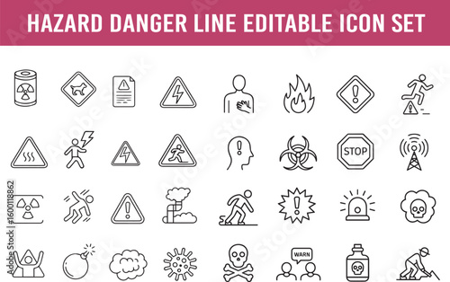Hazard danger editable icon set. notice, warn, explosion, stop, precaution, bomb, siren, stumble, radioactive, death, electrical, shock, hot danger, warning sign etc.