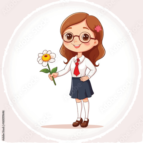 Cute Cartoon Schoolgirl With Flower Illustration For Educational Resources