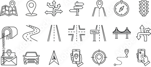 Navigation and travel icons including maps, roads, compass, car, and traffic signals.