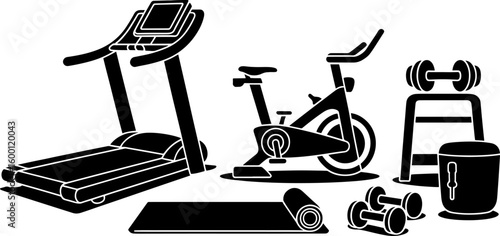Vector Silhouette Art: Gym Equipment Illustration, Treadmill, Exercise Bike, Dumbbells