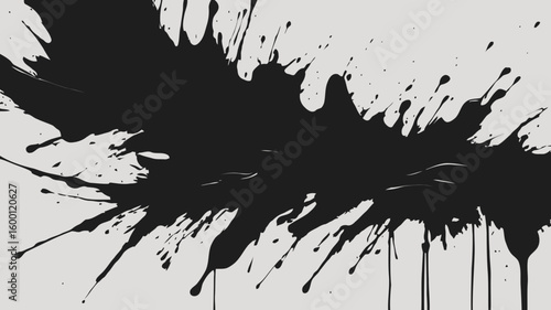 A dynamic black ink splash creates an abstract splatter pattern with dripping elements on a light gray