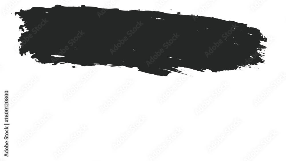 Fototapeta premium A thick black brush stroke with a rough texture and visible paint splatters is isolated on a clean white