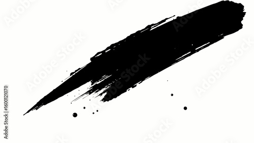A sharp black ink brush stroke with fine splatters and drips is presented diagonally on a white