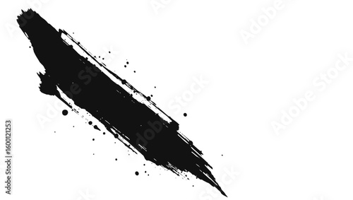A diagonal black ink brush mark with scattered dots isolated on a white canvas suggesting a powerful