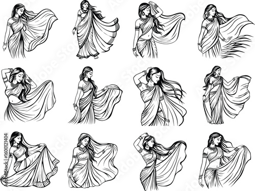 Collection of elegant sketches of women in flowing traditional Indian attire