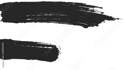 Two distinct black brush strokes one large and one smaller with textured edges on a white backdrop