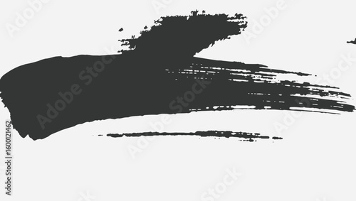 A broad textured black brush stroke with fine details is presented on a light grey background offering
