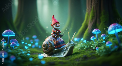 A whimsical gnome with a red hat rides a large snail through a magical forest with glowing mushrooms and mossy trees.