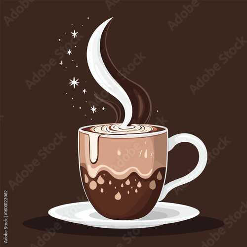 Stylized Vector Illustration Of A Steaming Hot Chocolate Mug With Dripping Chocolate And Cream On A Saucer For Holiday Warmth