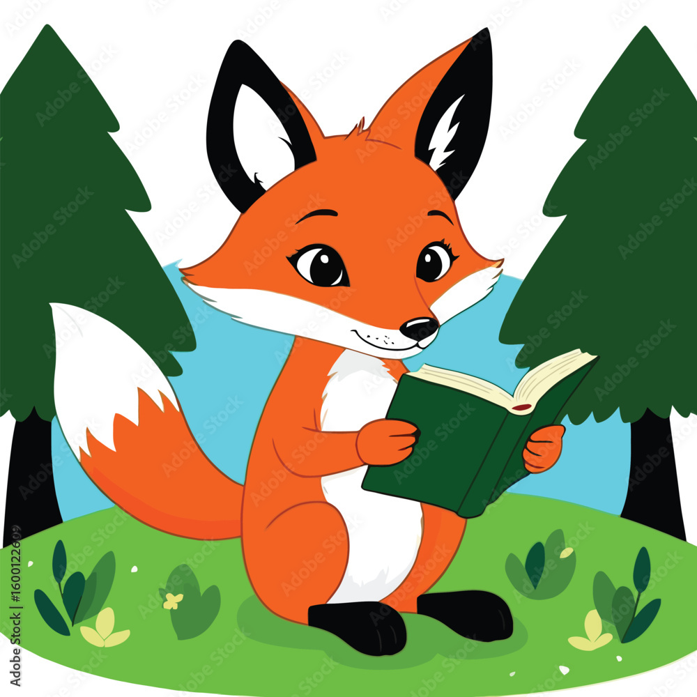 Obraz premium Cartoon Fox Reading Book In Forest Illustration A Cute And Colorful Digital Art Depiction Of An Anthropomorphic Fox Character Engrossed In Reading A Book Set In A Simple Forest Scene With A Playful