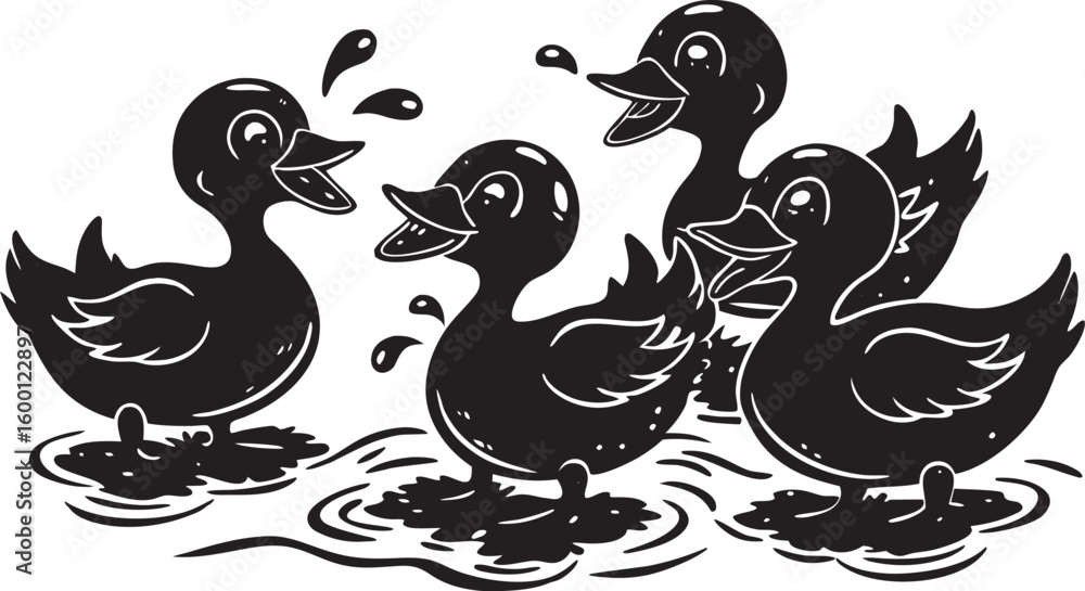 Fototapeta premium Four black ducklings splashing in water ducks swimming