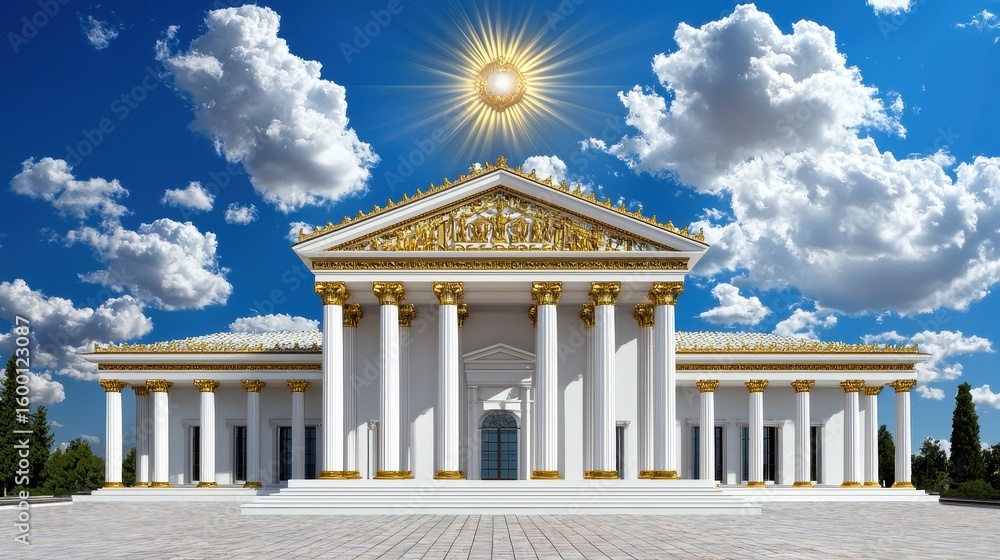 Obraz premium Grand White Classical Building with Golden Accents Under a Bright Sunny Sky