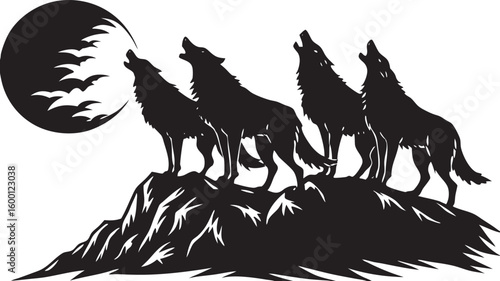 Four wolves howling at the moon on a rocky outcrop