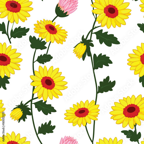 Floral Seamless Pattern Cheerful Yellow Flowers With Red Centers Are Arranged On A White Background Creating A Bright And Uplifting Surface Design Perfect For Fabric Or Wallpaper