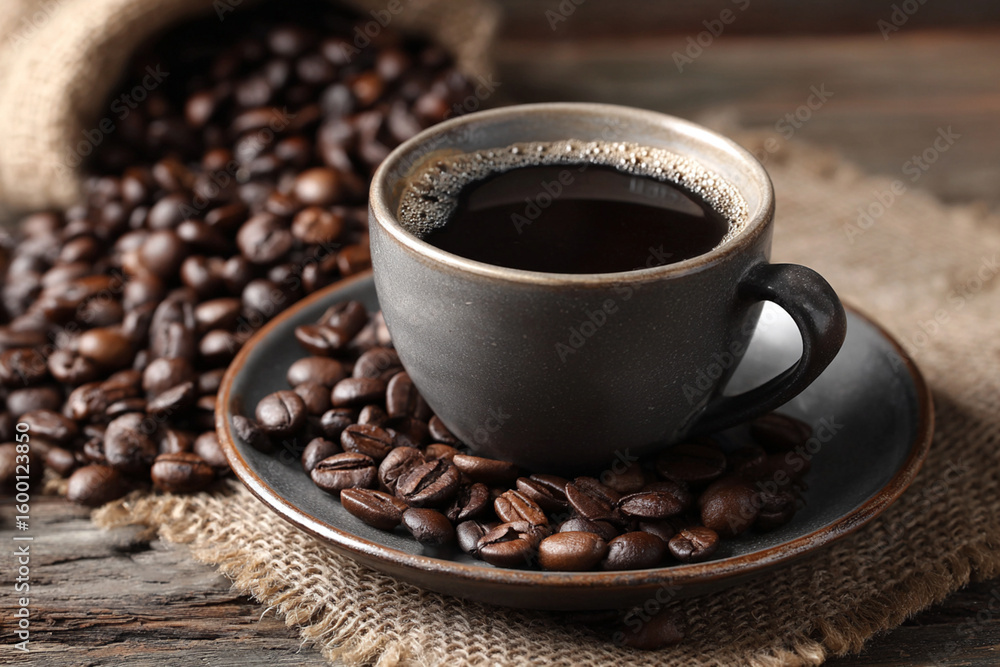 Coffee beans and cup on rustic table Coffee beans and cup on rustic table