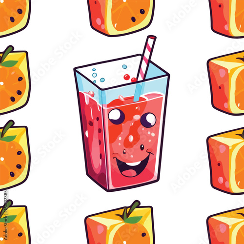 Whimsical Cartoon Juice Illustration Seamless Pattern Of Cute Square Oranges Surrounding A Smiling Glass Of Vibrant Pink Juice With A Straw Creating A Playful And Refreshing Visual