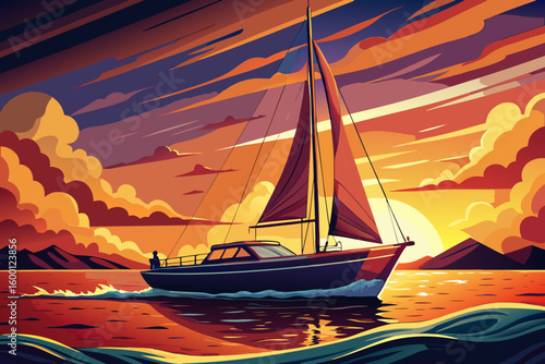 vector of Close up of a beautiful yacht sailing under a beautiful sunset...