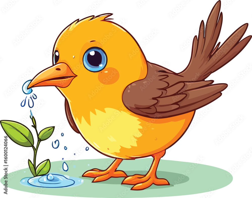 Fototapeta premium Adorable Cartoon Bird With Watering Plant Illustrating Nature And Growth In A Cheerful And Whimsical Art Style Perfect For Childrens Illustrations And Educational Resources