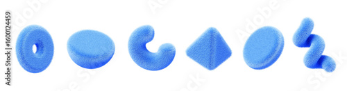 A collection of abstract 3D blue furry shapes in various forms such as circle, crescent, diamond, and spiral. Rendered with soft textures and isolated on a transparent background. Perfect for modern